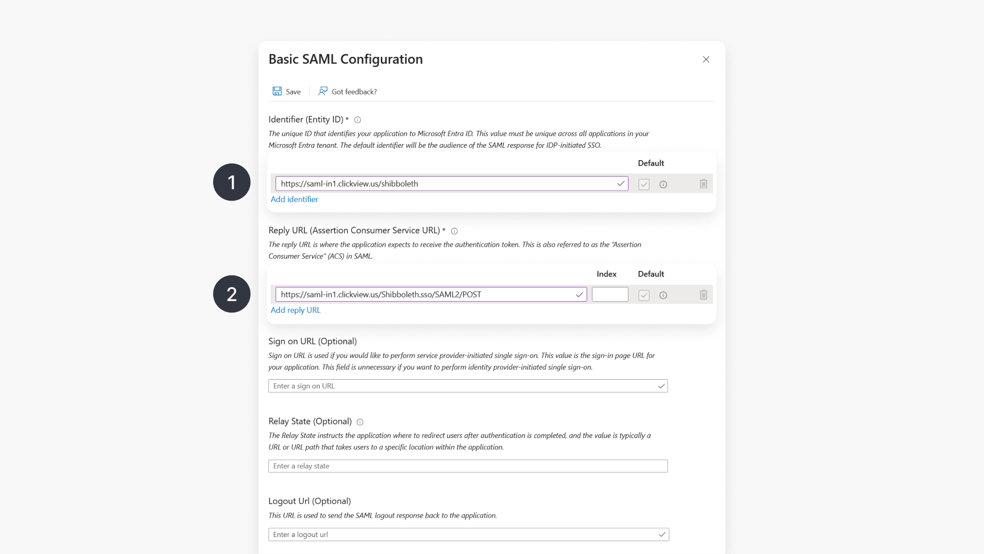 Basic SAML configuration interface