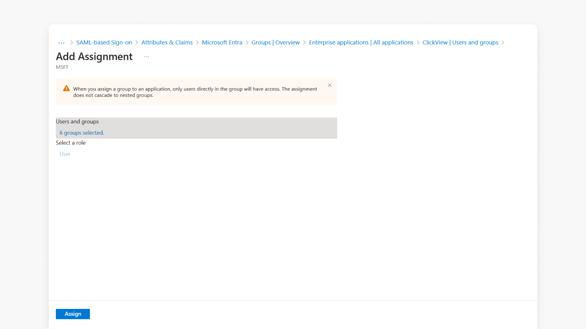 User and groups selected