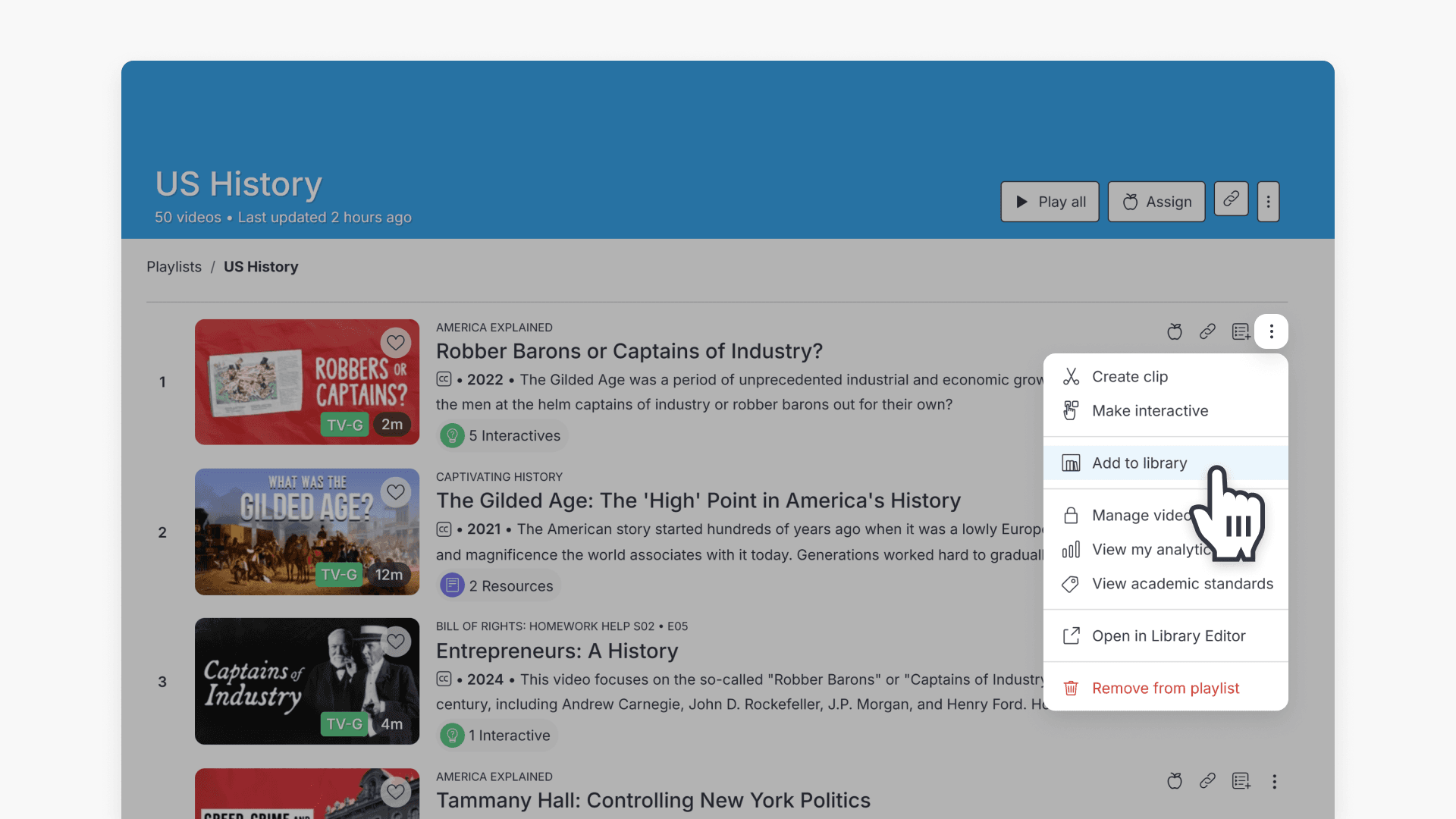 Hand pointing over 'Add to Library' under the 3 dots icon in a Playlist