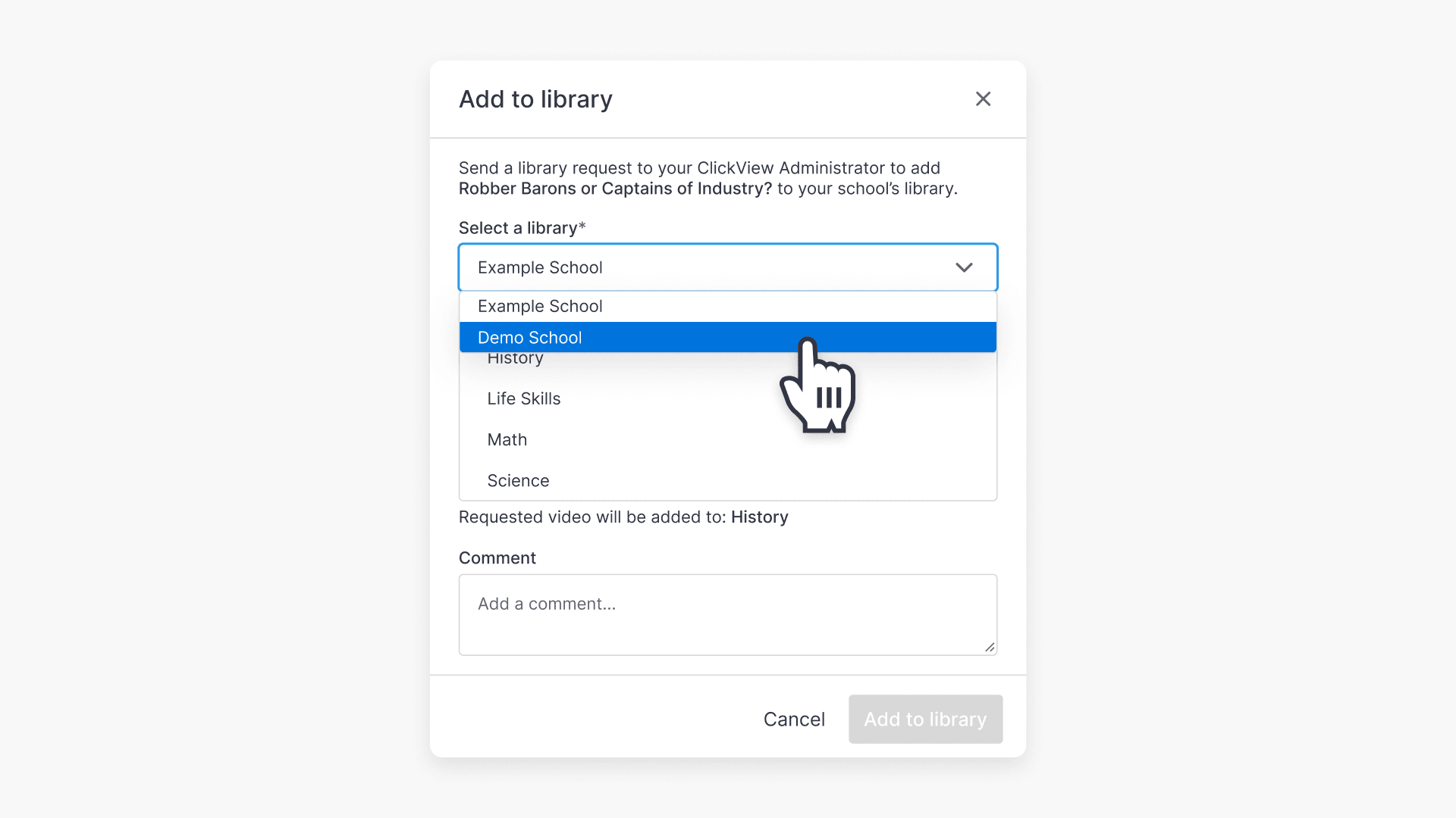 Hand pointing over the dropdown under the 'Select a library' field in the 'Add to library' pop-up window