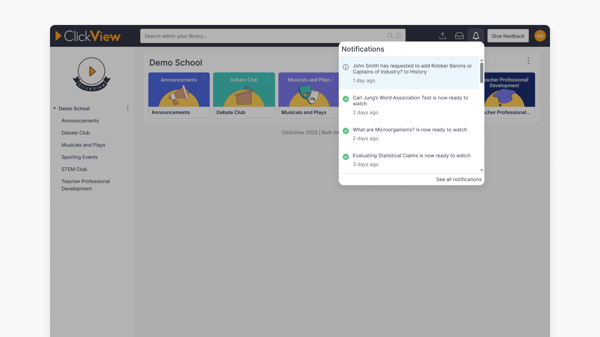Notifications in School Library home page