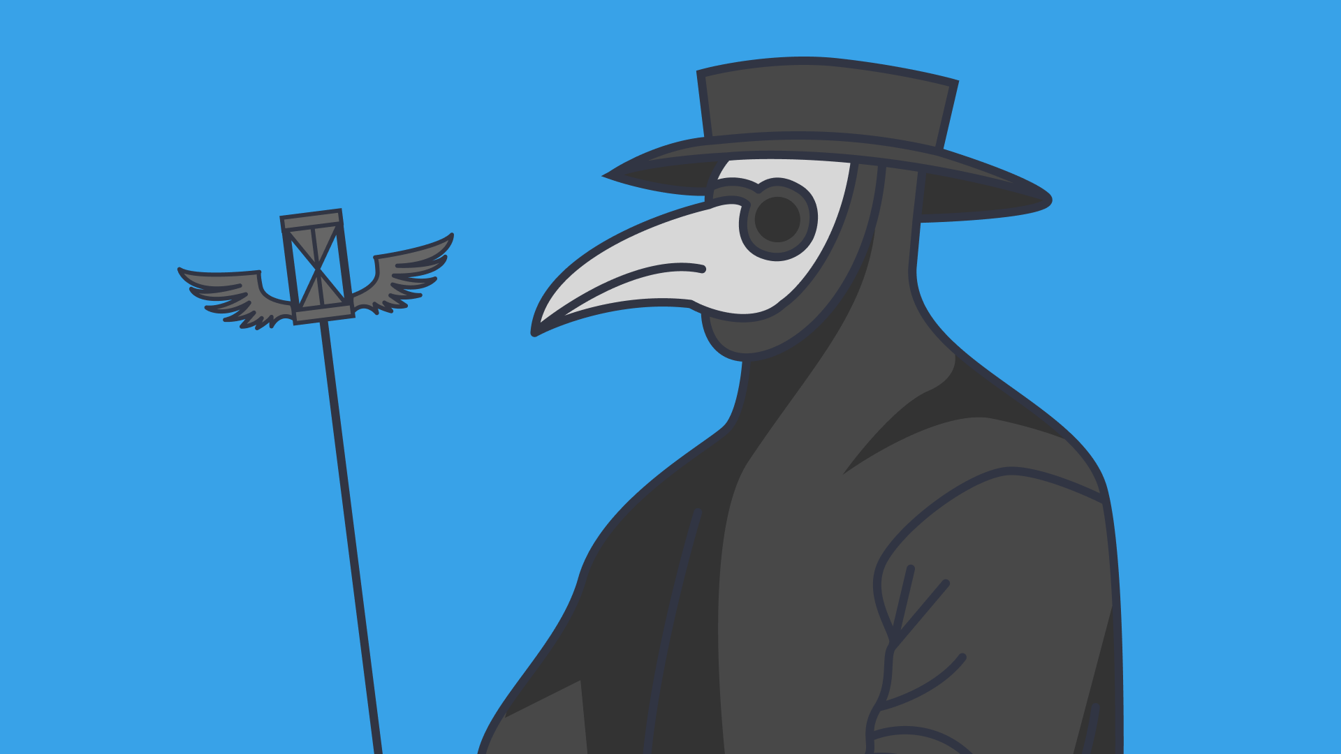 An illustration of a plague doctor on a blue background