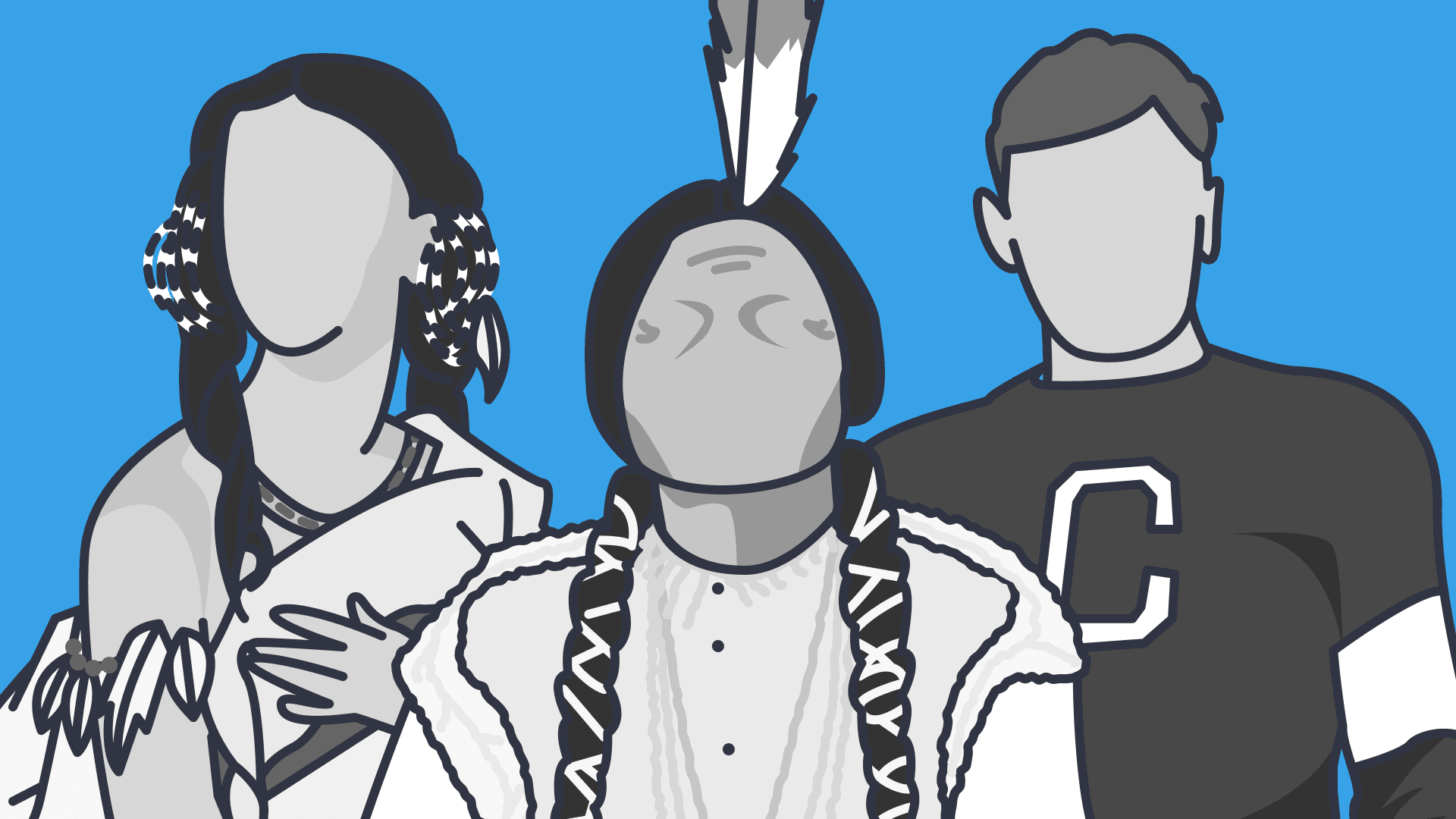 A lack and white illustration of native Americans in traditional wear