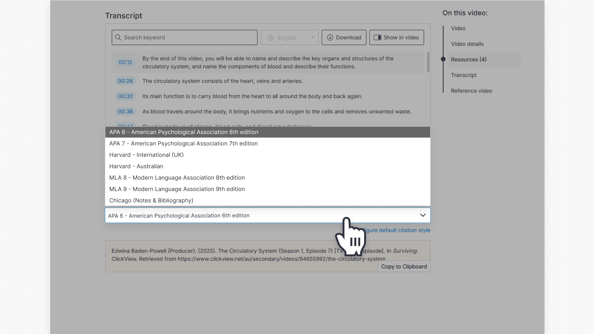 citation dropdown options