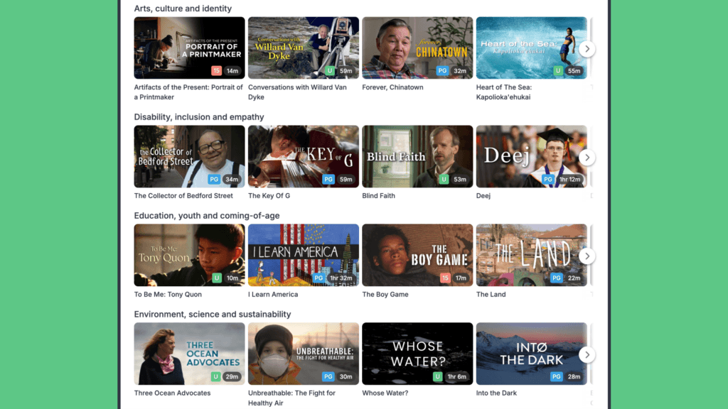 Screenshot of the ClickView New Day Films channel showing curated documentary collections organised by themes including Arts, Culture and Identity; Disability, Inclusion and Empathy; Education, Youth and Coming-of-Age; and Environment, Science and Sustainability.