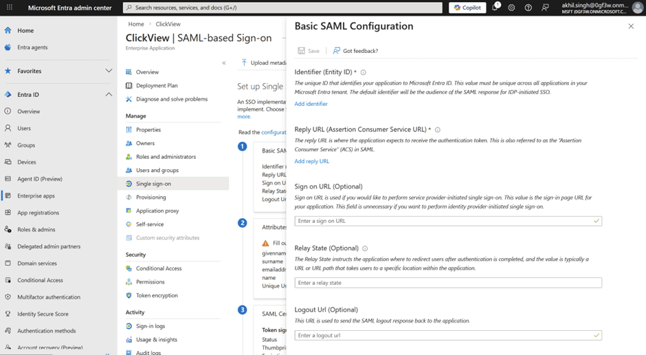 In the Basic SAML Configuration window, select Add identifier to edit Identifier (Entity ID), and Add reply URL to edit Reply URL (Assertion Consumer Service URL), using the values below.