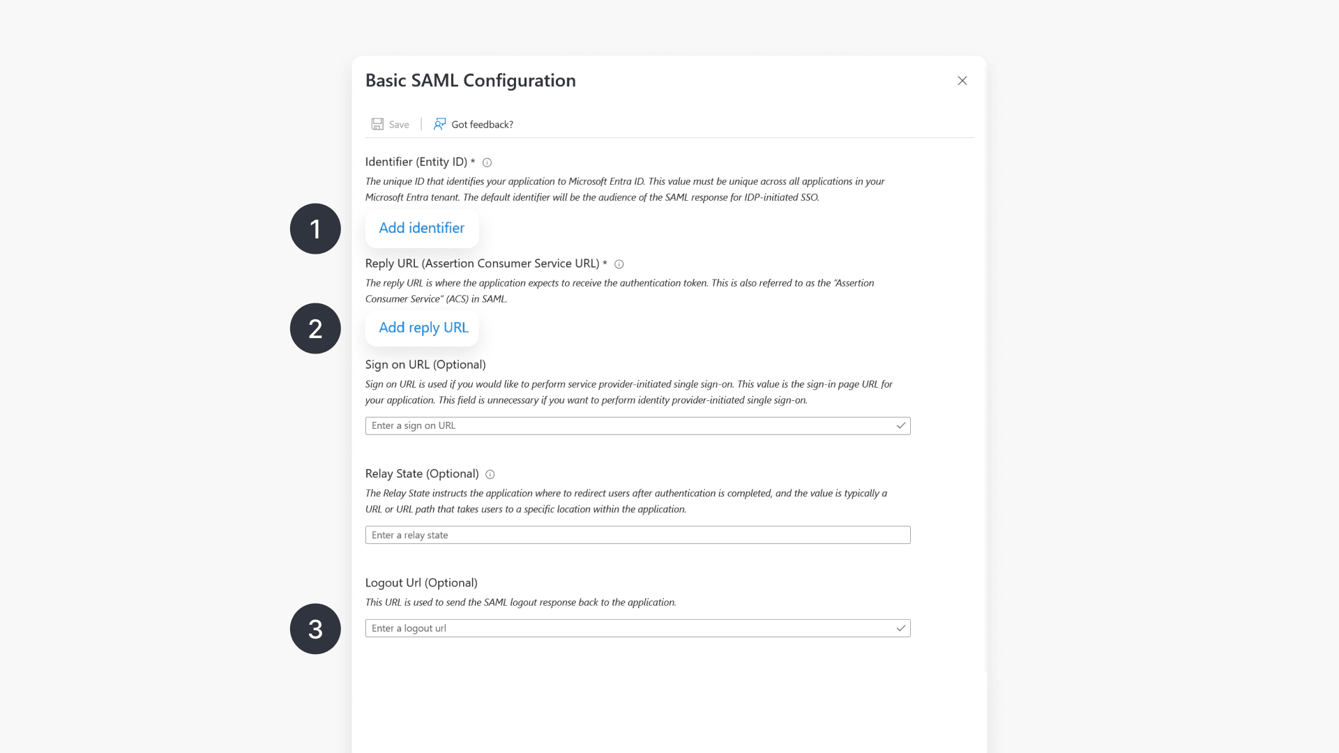 SAML basic configuration page