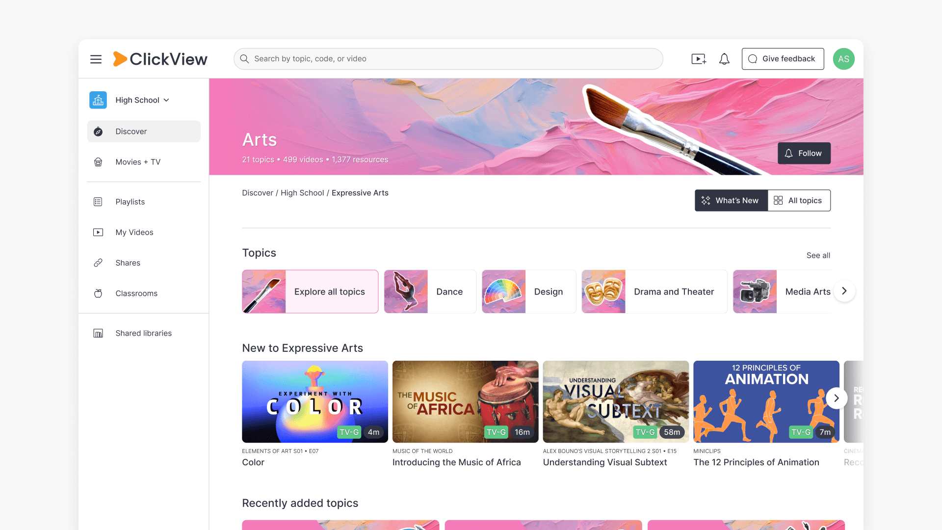 ClickView Arts topic page hero
