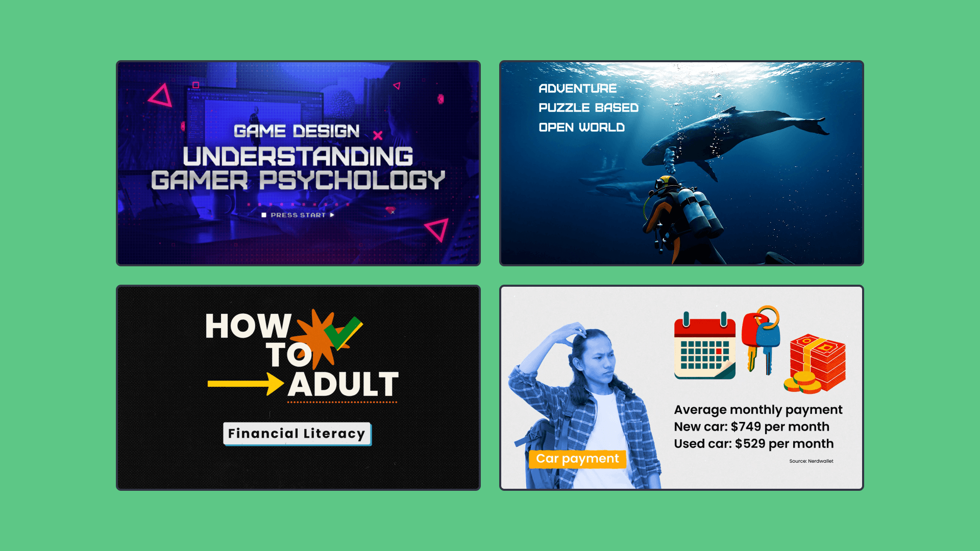 Four rectangle images of Games Design and how to Adult