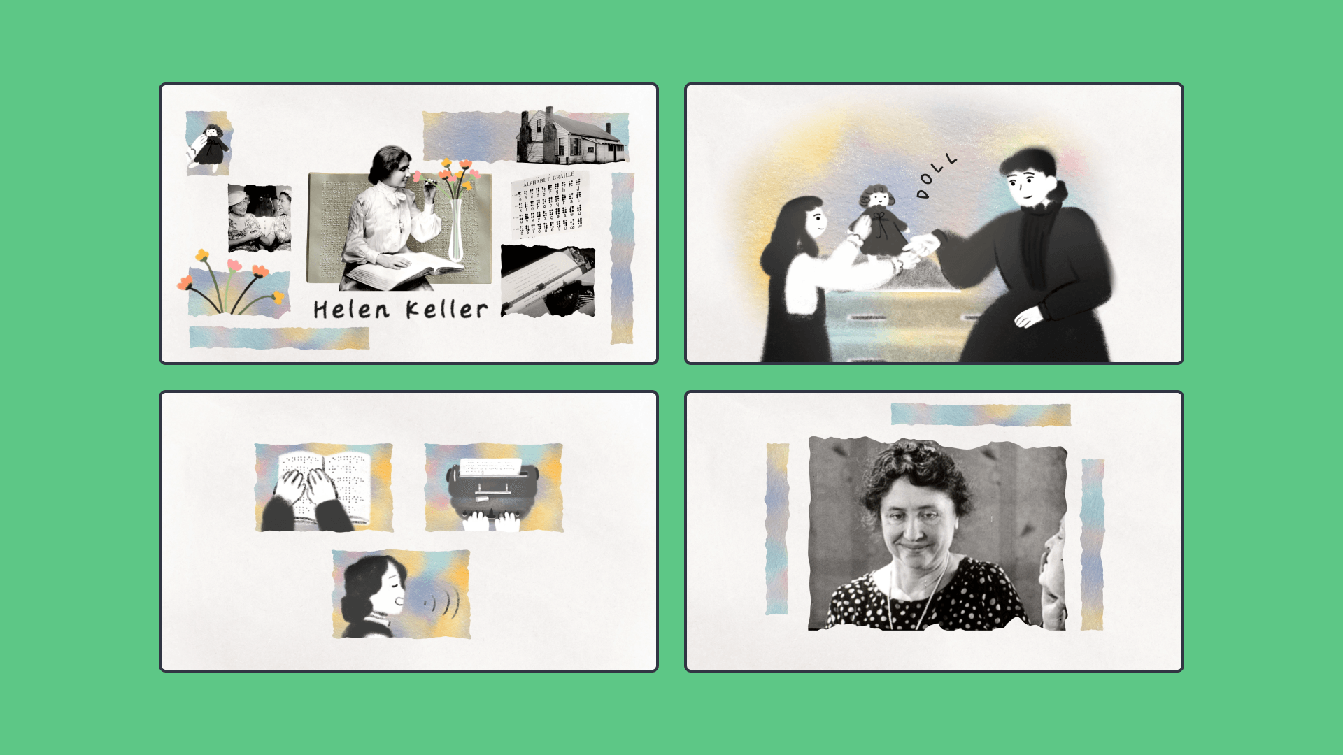 Four rectangle images of Helen Keller