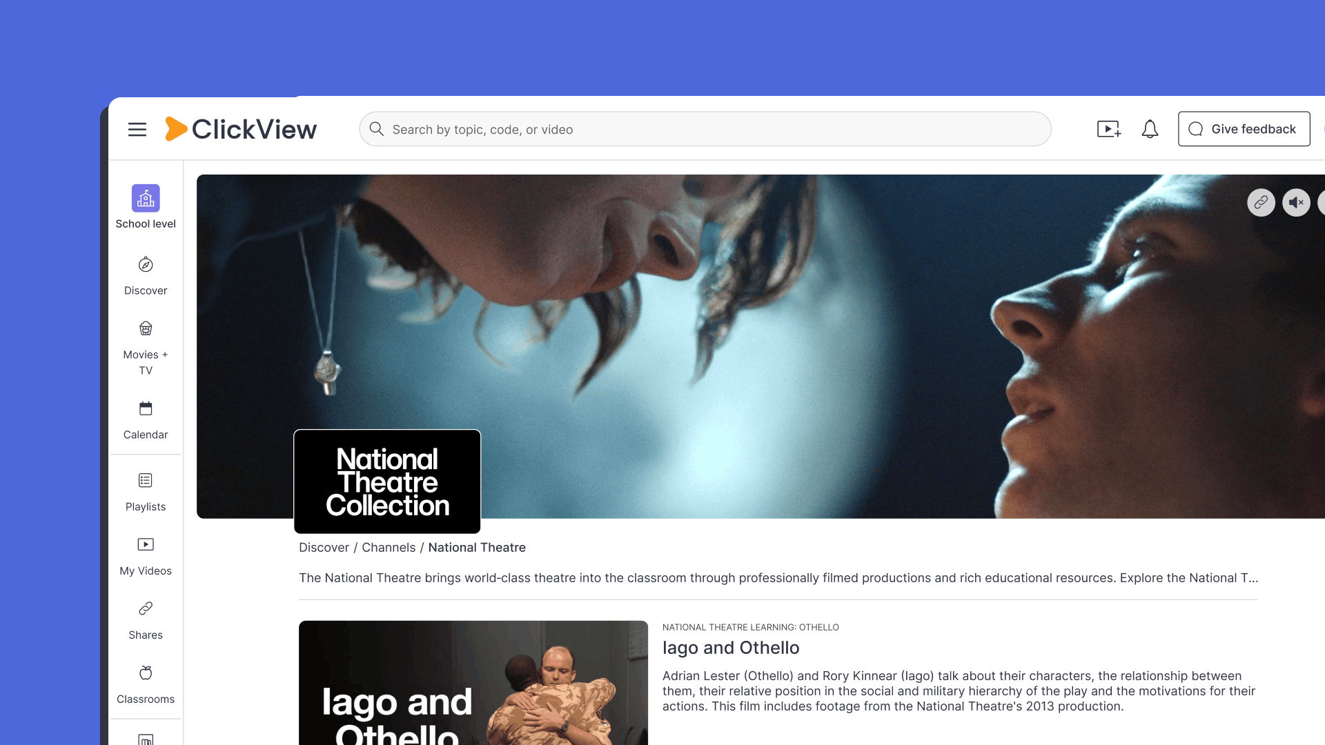 National Theatre Collection page ClickView
